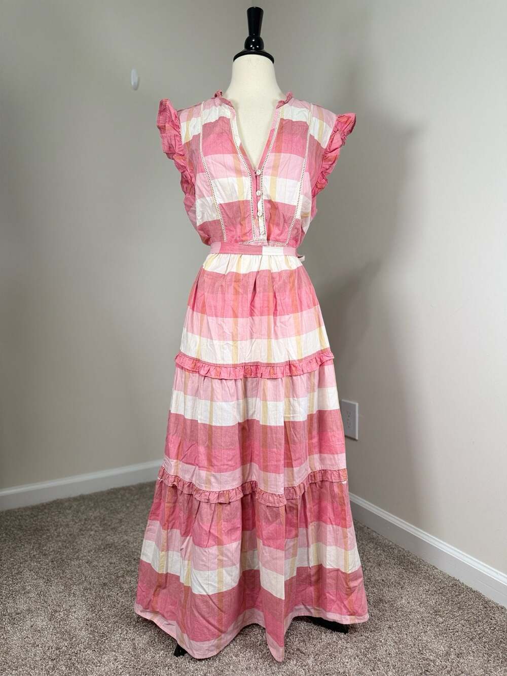 Universal Thread Pink Plaid Maxi Dress XL Ruffle Tiered Cottagecore Prairie